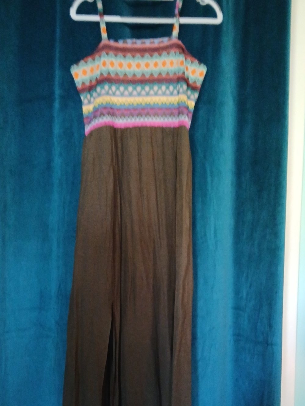 Girls Brown Maxi Dress with Colorful Patterned Bodice